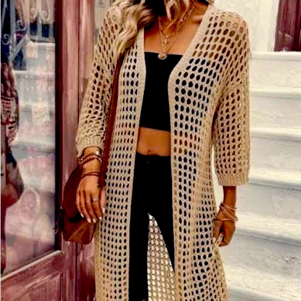BY VICI BOUTIQUE NATURAL CROCHET OPEN LONG SLEEVE WITH POCKETS CARDIGAN!